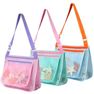 3 Pcs Seashell Collecting Bag,Beach Mesh Bag with Adjustable Shoulder Straps,Beach Toy Bag