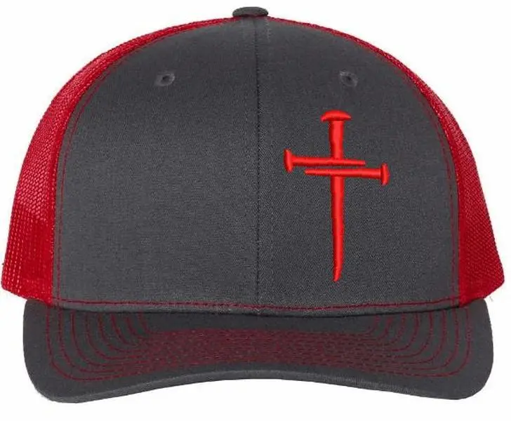 Premium Quality Richardson 112 Christian Cross Unisex Trucker Hat - Charcoal-Red Distinctive Embroidery, Breathable Mesh Back, Adjustable Snapback, Casual Women's Trucker Hat, Baseball Cap Fit, Trendy Trucker Hat