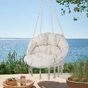 Hanging Hammock  w/Large Comfy Cushion,Swing  Porch Hammock Lbs Capacity Hanging Swing for Adults & Teens, Backyard Hanging  for Relaxing Reading, White Max 330 Lbs Hanging Cotton Rope Hammock Swing red floor patio swings egg  swing boho chair