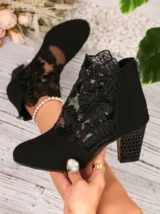 Elegant Lace High Heel Short Boots, Sexy Mesh Flower Women's Sandals, Stylish Summer Shoes for Ladies, Fashionable and Comfortable