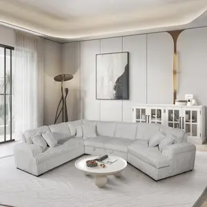 8242 4 pc Silver Corduroy Fabric Sectional Sofa with Cuddler Chaise Pop Up Center Love Seat USB Cup Holder Cozy Comfort Easy Assembly