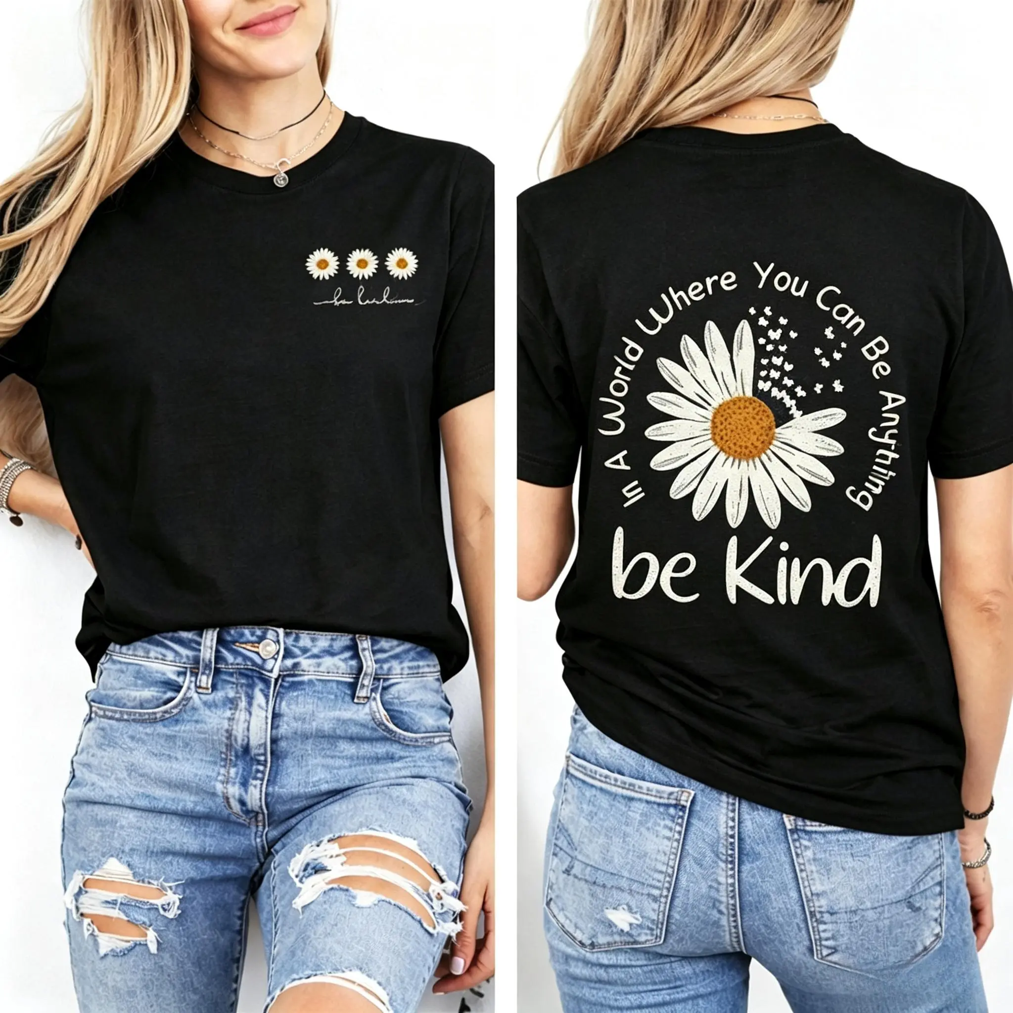 Vintage Women's Oversized T-Shirt, 100% Cotton Top, Daisy & "Be Kind" Graphic, Retro Sporty Prints Front & Back
