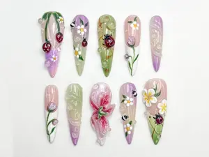 AURA NAILS \ Pastel 3D Ladybug Press On Nails | 3D Floral Garden Nail Art | Cute Spring Nature Nails | Whimsical Bug Nail | Garden Bloom Design | JB800HC