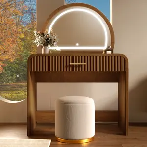 LED Vanity Table with Makeup Mirror, Dressing Table with Storage Drawer, Curved Edge Design, Removable Mirror Converts to Desk, 3 Color Touch Screen Light, Easy Assembly for Bedroom