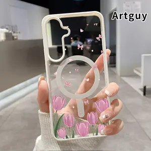 Magnetic Phone Case Compatible with Samsung Galaxy S24 Plus S25 S23 FE S22 Ultra S22+ Tulip Bow Dream Pattern Acrylic Back TPU Edges Shockproof Ultra Thin Mobile Phone Cover Gift for Girl