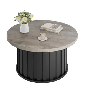 31.9" Round Coffee Table, Mid Century Modern Coffee Table with Metal Base, Fluted Center Table for Living Room, Home Small Space, Apartment