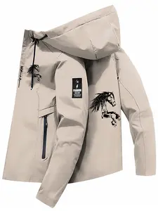 Men's Lightweight Polyester Fashion Hooded Jacket, Horse Print, Front Zipper, Casual Outdoor Spring Summer Coat