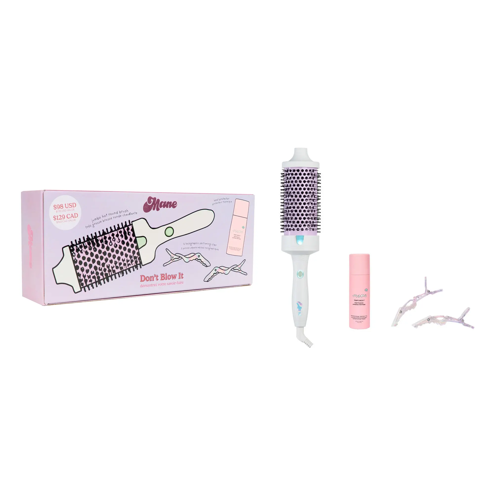 Mane Don't Blow It Kit - Jumbo Hot Thermal Round Brush, Mini Temp Check Heat Protector, Holographic Sectioning Clips