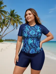 Tropical Island Plus Size 2-Piece Swimwear, High Neck Short Sleeve Rash Guard with Shorts, High Elastic Tummy Control Bathing Suit, Cropped Tankini with Halter Metal Decor, Bohemian Colorful Sun Protection Beachwear