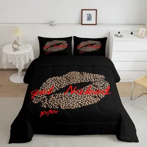 Get Naked Bedding Set,Sexy Leopard Print Lips Decor Comforter Set,Funny Quotes Kiss Comforter,Black Red Brown Duvet Set,Queen Size with 2 Pillow Case