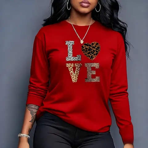 Women's Long Sleeve Tops Vintage Graphic Tees Women's Shirts Women's Graphic Tees Animal Print "LOVE" Retro - Style Top For Casual Daily Wear Outings And Fashion - Forward Style Statements