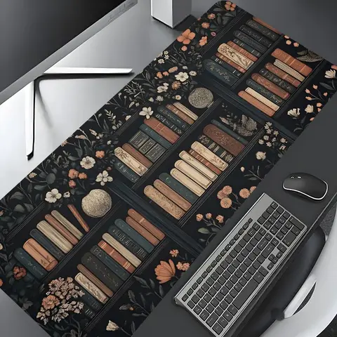 Floral Bookshelf Pattern Mouse Pad, Rectangle Gaming Mouse Pad, Non-slip Rubber Pad, Desktop Decoration Protective Pad for Home Office, Office Desk Accessories, Aesthetic Desk Accessories, Desktop Accessory
