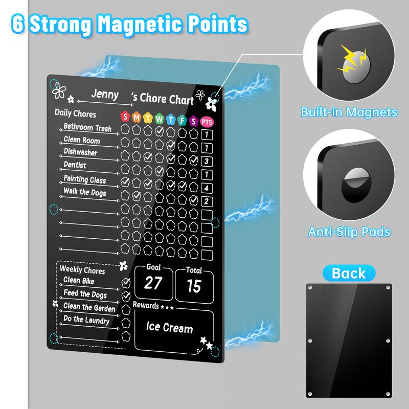NiHome Magnetic Acrylic Chore Chart for Kids, 12"x9" Clear Black Background with 6 Hidden Strong Magnets, Scratch-Resistant Reusable Dry Erase Board for Fridge Organization and Daily Task Management