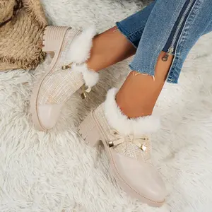 Women's Plush Mary-Jane Shoes with Thick Platform Heels & Bow Accent - All-Season Round-Toe Lace-Like Strap (No Laces) - Beige/Black Fabric Upper & Rubber Sole - Office, Wedding, Party Footwear - Cozy Winter-Ready High Heels