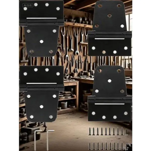 Heavy Duty Automatic Gate Hinges 3-1/2" Self-Closing Spring Steel, Black Finish with Screws 4-Pack for Wood Fence Vinyl Shed Door, No Glue Needed, Reusable, Durable Rust-Resistant Hinges adjustable  door  hinge