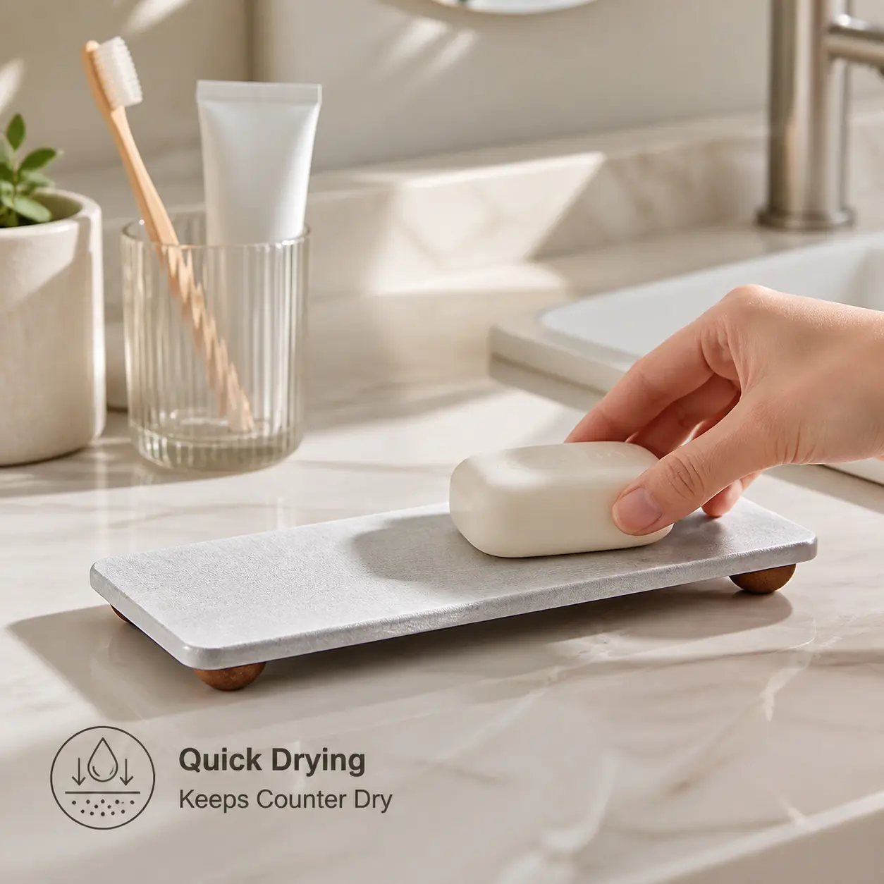 Diatomite Absorbent Standing Storage Tray with Wooden Solid Feet, Non-Slip, Moistureproof Bathroom Countertop Organizer, 1-Count for Soap, Toothbrush & Toiletries