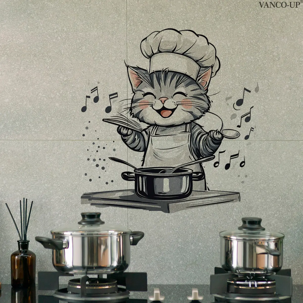A (30*30cm) chef hat cat cooking fun kitchen flat wall sticker, home decoration self-adhesive wall sticker, M20446