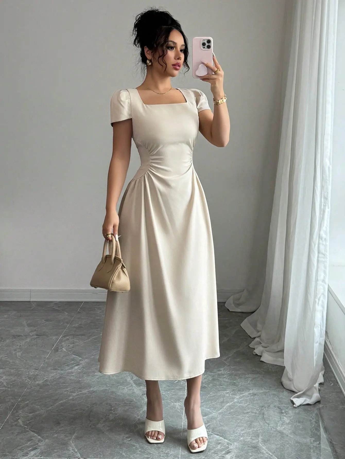 Women’s Light Beige Square Neck Midi Dress, Cinched Waist Puff Sleeve Summer Dress for Women, Elegant Tea Party Wedding Guest Vacation Work Office Outfit, classy feminine dress