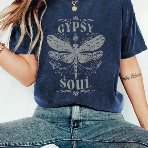 Women's Dragonfly Print Round Neck Tee, Vintage Trendy Casual Streetwear Short Sleeve T-shirt for Daily Wear, Ladies Summer Outfit, Top, Womenswear, Everyday Wear, Casual T Shirts