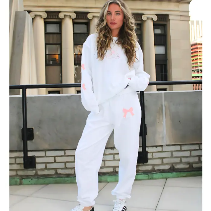 teddy bear pink bow sweatsuit set