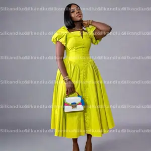 Zina Corset Dress  with body structure support boning, Balloon Sleeves & Button Front Lightweight Crepe. Elegant Summer birthday outfit, Spring, tea party,  Evening, going out dress, Yellow dress.