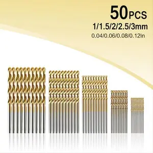 50 sets of titanium-coated high-speed steel drill bits, with 135° pointed tips, suitable for DIY crafts, woodworking, engraving and fabrication - round shank