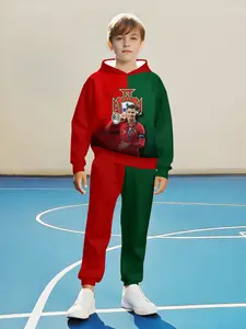 Boys Ronaldo Portugal Football Hoodie Set, Casual Fitted Sweatshirt, Spring & Fall Fashion, Must-Have Fan Clothing