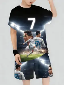 Girls' Ronaldo Cr7 Theme Short Sleeve Set, Star Player Print Kids Clothing Two-Piece, Casual Spring & Fall