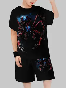 Boys' Summer Spider-Man Costume Set, Graphic Print Set, & Block Design, Short Sleeve Top + Shorts Two-Piece, Trendy Kids Clothing
