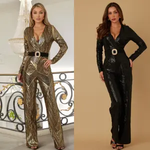 SEQUINS PRINT FASHION JUMPSUIT - BUCKLE HARDWARE DETAIL WITH BLACK WAISTBAND - DEEP V NECK - LONG SLEEVE AND ZIPPER ON THE BACK