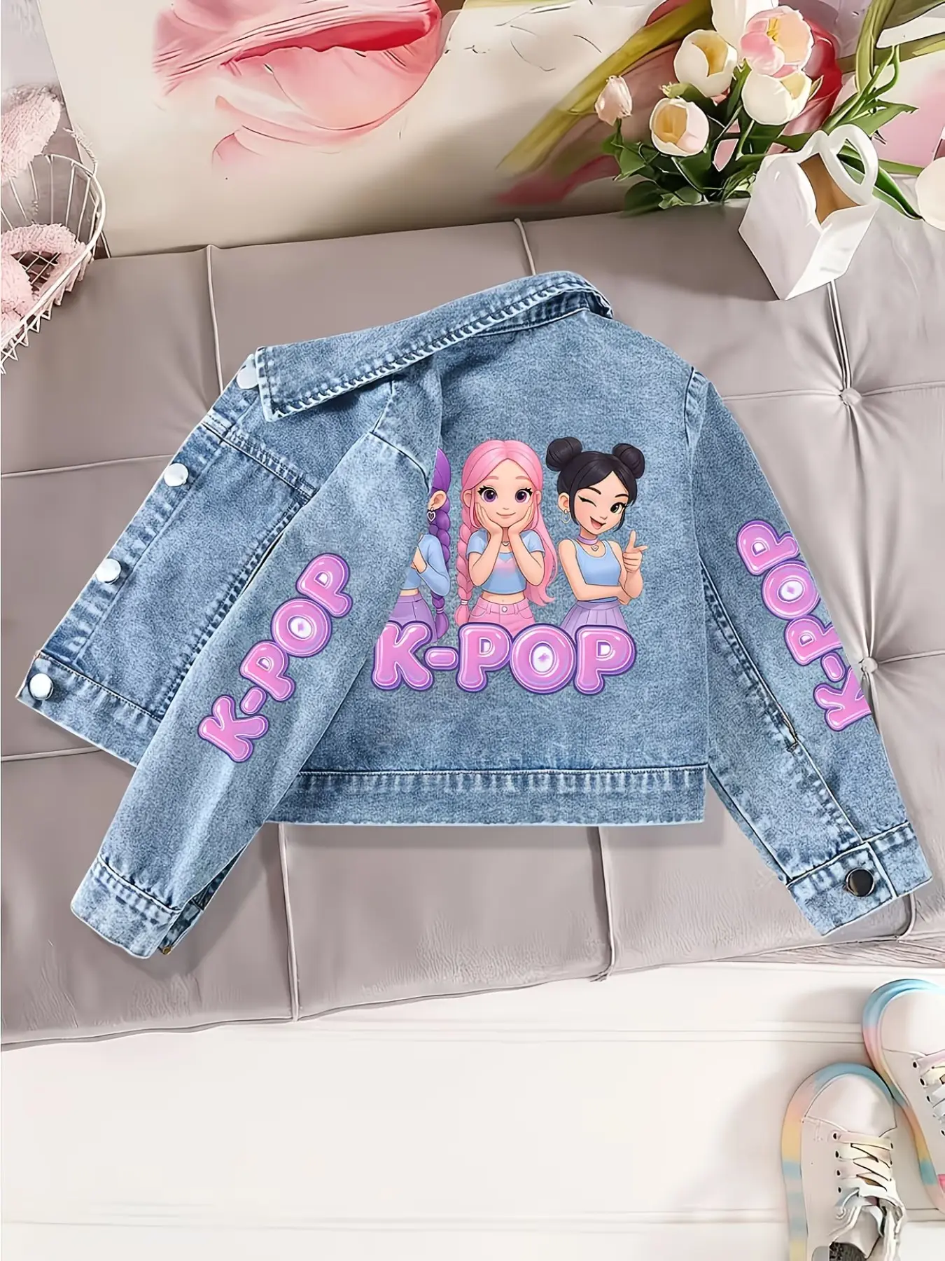 X-girl - big denim jacket うさぴょん Adorable Kpop Girl Denim Jacket for Girls, Cartoon Anime Cute