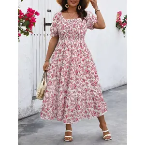 Plus Size French Square Neck Bubble Sleeve Floral Dress, Summer Cinched Waist Slimming A-Line Cake Long Dress, Women's FashionRAIMENTRY