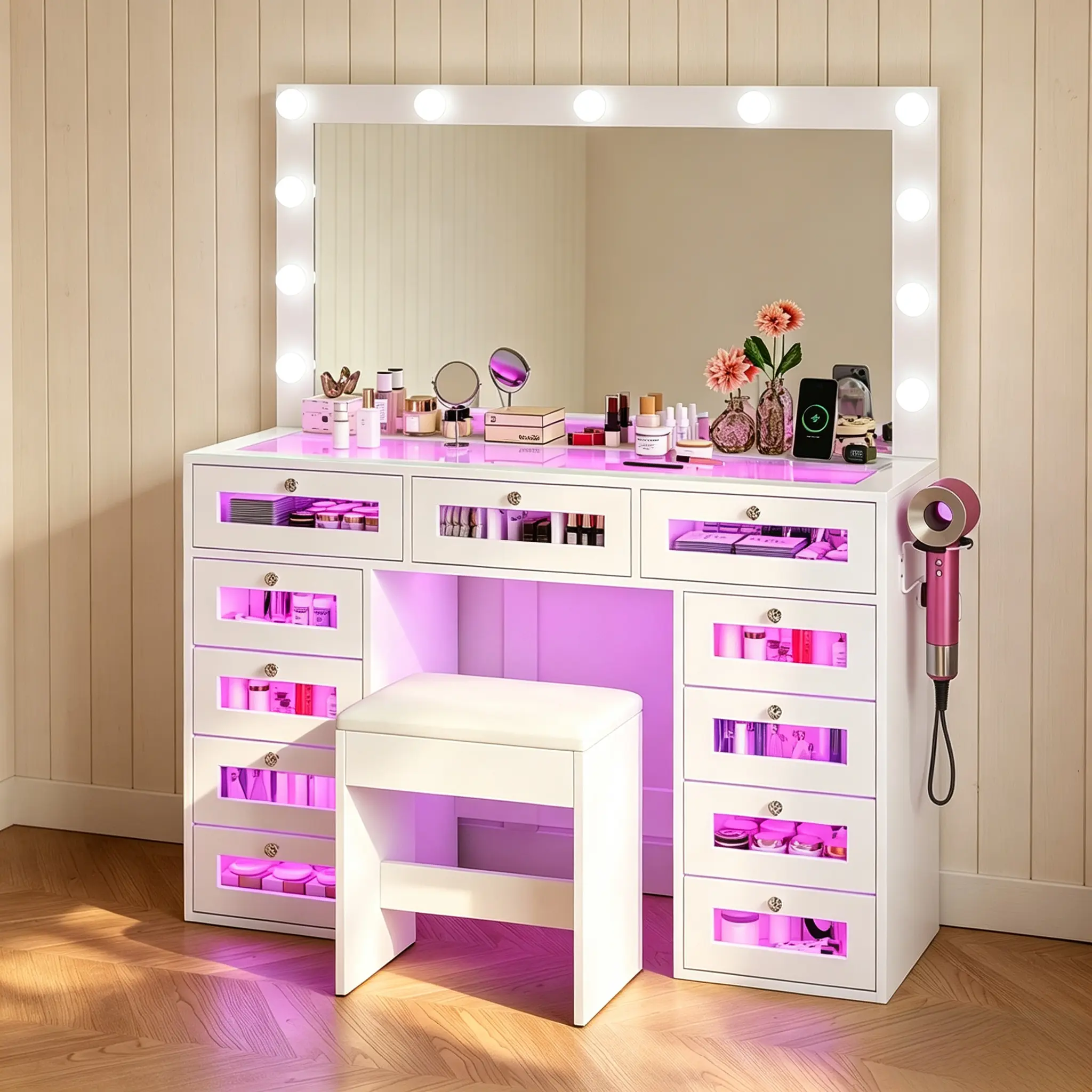 Modern Vanity Desk - White LED-Lighted Makeup Station with Sturdy Metal Frame, Stable Structure, Drawers, Cosmetic Storage Furniture for Bedroom, Walk-In Closet