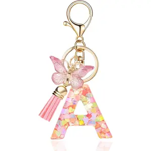 Fashion Alphabet Initial Letter Keychain Tassel Butterfly Pendant Key Ring for Purse Handbags Women Girl