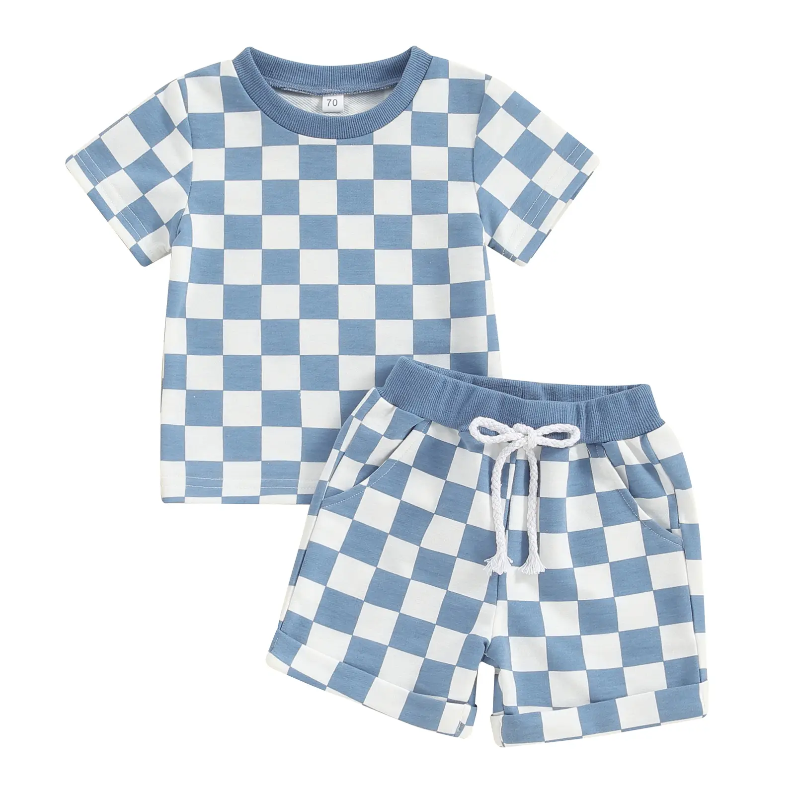 Toddler Baby Boy Girl Summer Outfit Plaid Patchwork Checkerboard Print Short Sleeve T Shirt Tops Stretch Casual Shorts Summer Tracksuit