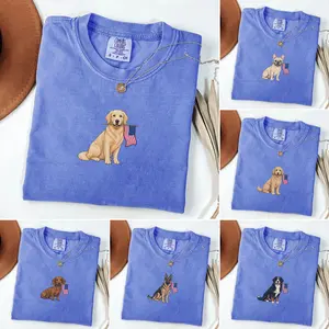 Comfort Colors Patriotic Dog Shirt Puppy Holding American Flag Graphic Tee Cute USA Pet Lover Fourth of July T-Shirt Gift
