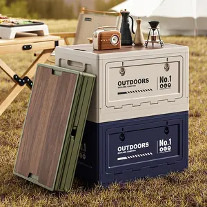 Collapsible Camping Storage Box with Wooden Lid - Large Folding Storage Bin with Side Doors for Outdoor, RV & Car Trunk Organizer