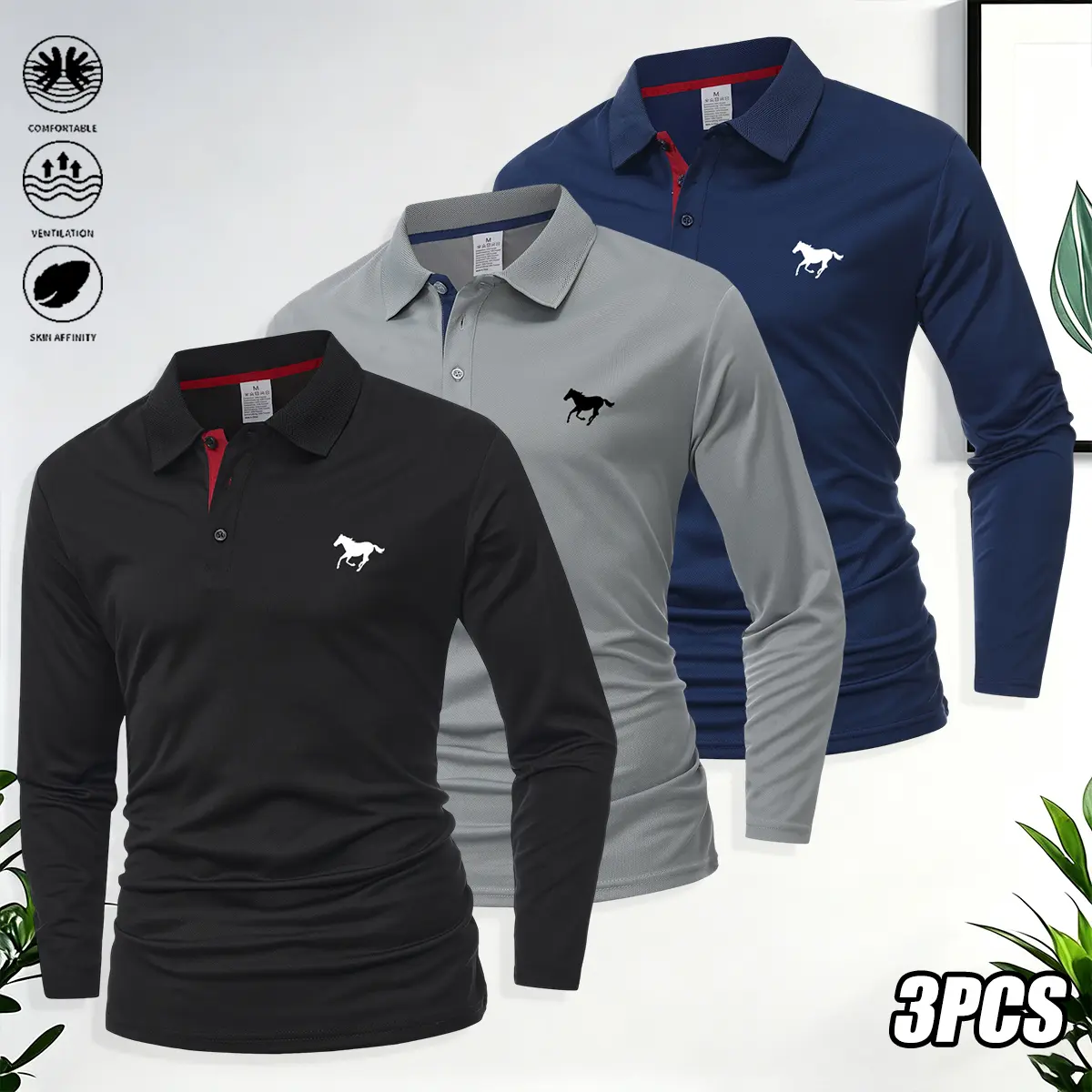 3PCS Men’s Long Sleeve Polo Shirts – Featuring a stylish printed design, these comfortable, breathable sports polo shirts are ideal for casual outdoor activities.