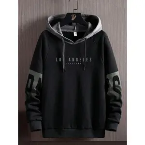 Men's Patchwork Letter Print Raglan Sleeve Hoodie, Casual Regular Fit Drawstring Hooded Long Sleeve Sweatshirt for Spring & Fall, Fashion Men's Clothes for Daily Wear