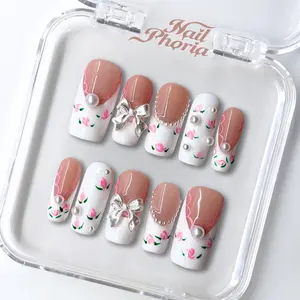 NailPhoria SOFT SPOKEN - Valentine Handmade Press-On Nails | Reusable, Salon-Quality, Long-Lasting, Glossy Design
