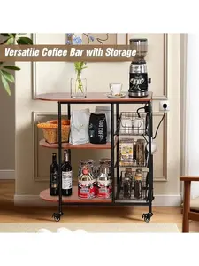 Bakers Rack Coffee Bar Table with Power Outlet Microwave Stand Kitchen Cart 3 Tier Pull-Out Shelves Modern Design Red Brown Metal Frame 86cm Height 83cm Length 36cm Width 11.9kg Weight Capacity 75kg Multi-Functional Storage Cart with 4 Casters and 6 Hooks