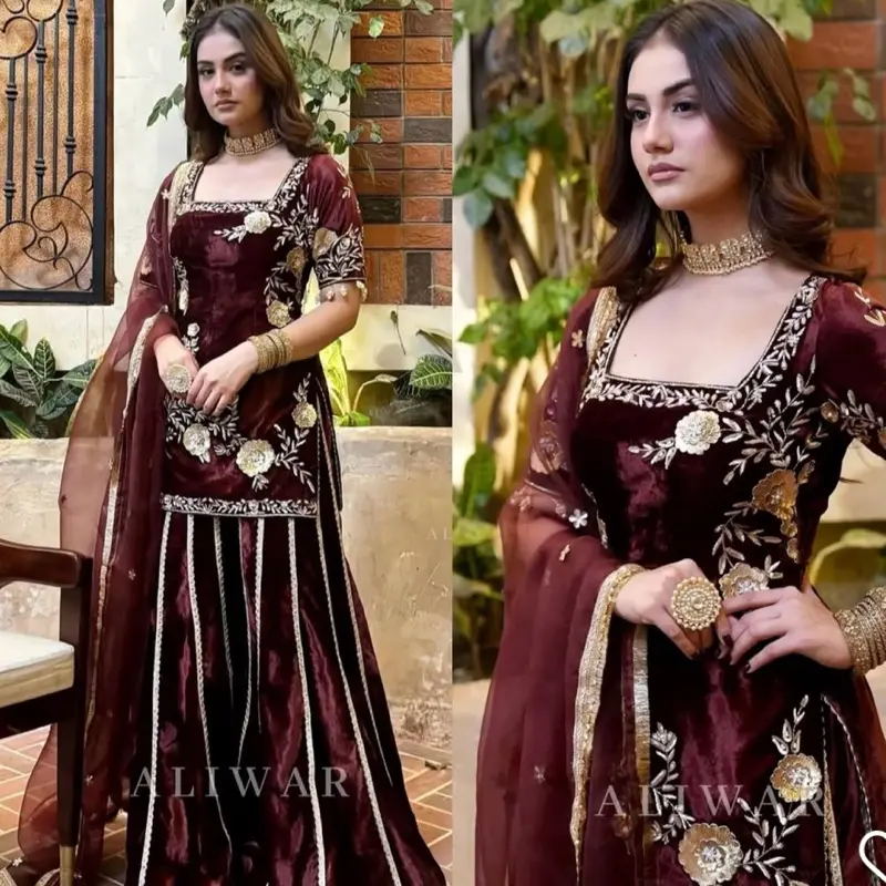 Women's Elegant Dark Red Velvet Suit with Embroidered Details, Original Ready to Wear Winter Clothes