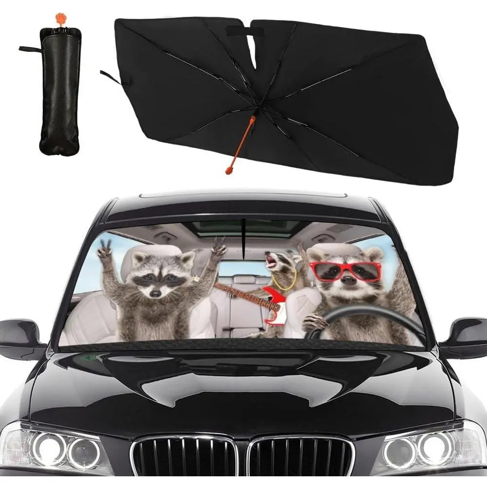 Three Funny Raccoon Car Windshield Sun Shade Umbrella Sunshade Block UV Rays Sun Visor Protector Auto Windshield Sunshade to Keep Vehicle Cool for Cars Trucks & Suvs 57 X 30 in