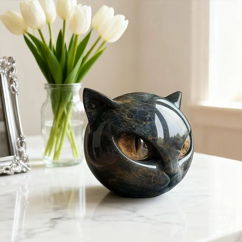 Handcarved Black Cat Stone-Look Resin Figurine - Decorative Collectible Statue with Amber Eyes, Glam Witchcraft Aesthetic Home Decor for Tabletop, Desk, Halloween Display, Classic