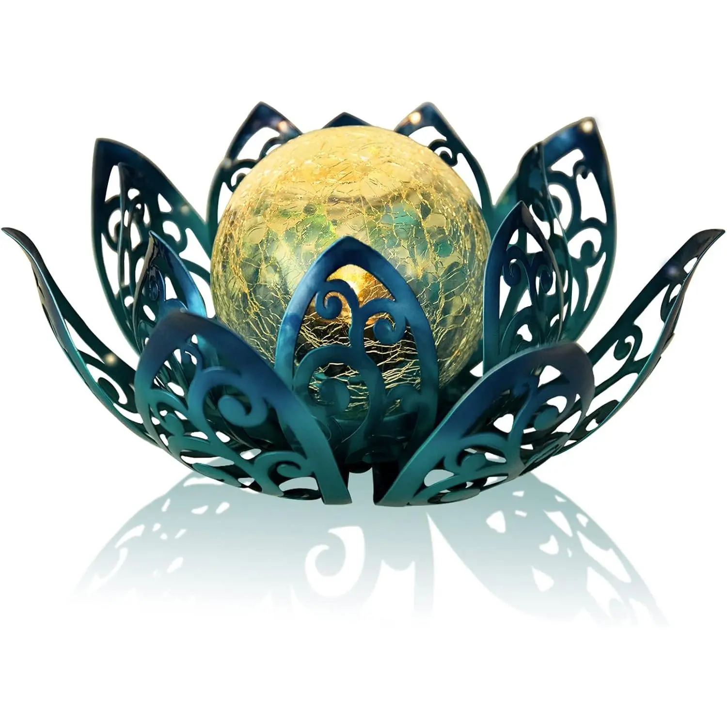 Solar Outdoor Garden Lotus Decorative Light,  Metal Cracked Glass Globe LED Lotus Light for Tabletop Decor, Walkway, Lawn Ornaments and Garden, Housewarming  (Blue)