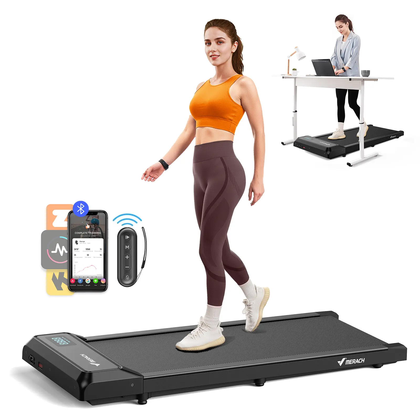 Merach Under Desk 2-in-1 Walking Pad for Home & Office, 2.25HP Low-Noise Portable 265lbs Treadmill with LED Display for Walking and Jogging BackToSchool