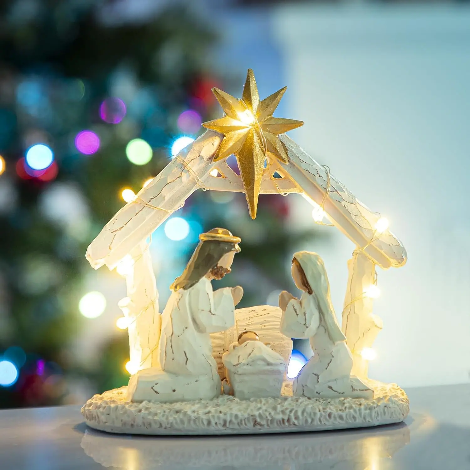 Nativity Set for Christmas Indoor Nativity Scene with LED Lights - Tabletop Decoration Memory (Figurines)