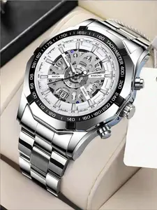 Men's Business Casual Analog Quartz Luminous Waterproof Watch As Father's Day Gift, Casual Watches for Men, 2025 Stainless Steel Strap Round Dial Calendar Watch, with Gift Box, Waterproof Wristwatch