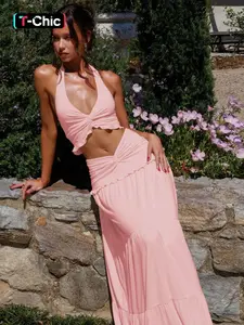 Women's Solid Color Plunge Neck Crop Top & Ruched Skirt Two-piece Set, Sleeveless Halter Neck Top & Bodycon Skirt, Ladies Summer Clothes for Party Holiday, Plunge Neck Top, Womenswear
