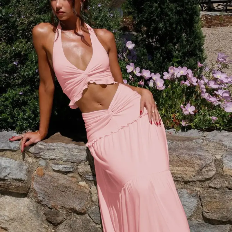 Women's Solid Color Plunge Neck Crop Top & Ruched Skirt Two-piece Set, Sleeveless Halter Neck Top & Bodycon Skirt, Ladies Summer Clothes for Party Holiday, Plunge Neck Top, Womenswear, Summer Sets
